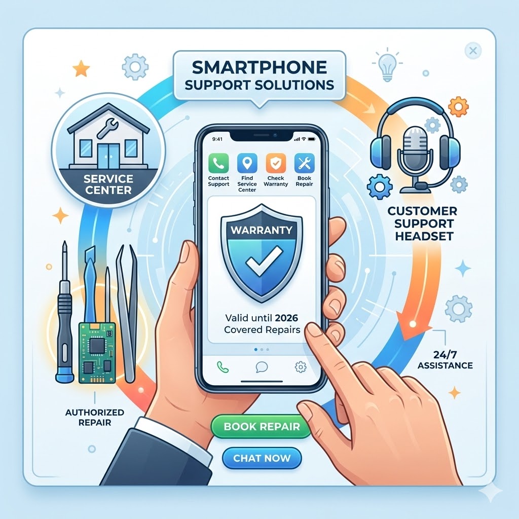 “Mobile phone warranty and after-sales service concept showing customer support, repair service, and warranty protection for smartphone buyers