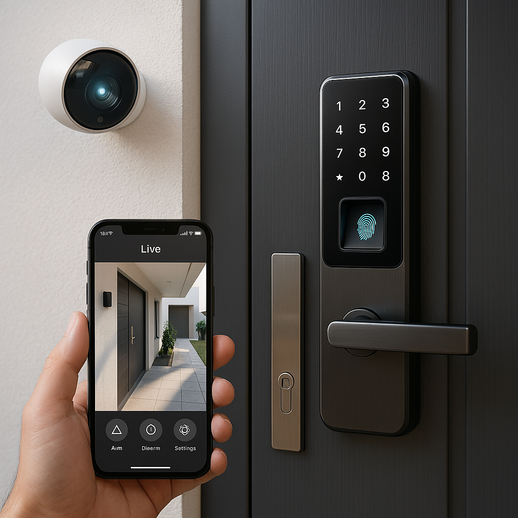 “Smart home security system featuring a smart door lock with keypad and fingerprint access along with a security camera providing live monitoring and mobile alerts