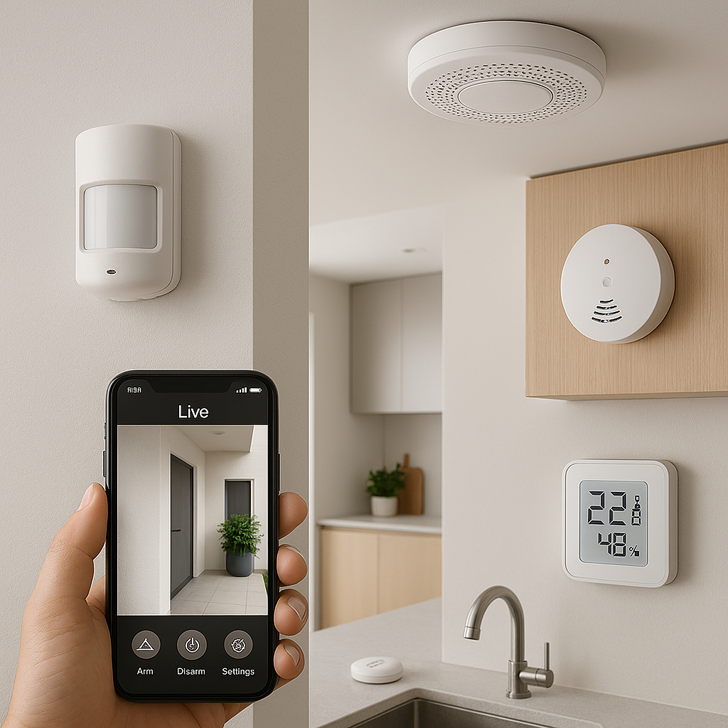 “Smart home safety sensors including motion detector, smoke alarm, gas leak detector, water leak sensor, and temperature sensor used to monitor and protect a connected home