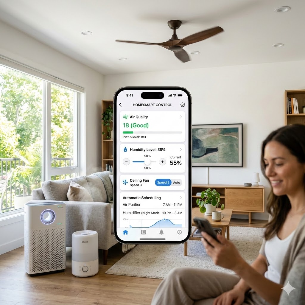 “Smart climate devices including air purifier, humidifier, and smart fan monitoring indoor air quality and humidity levels through a mobile app