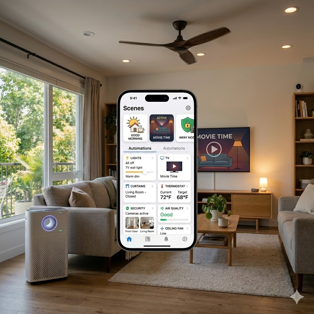 “Smart home automation routines controlling lights, curtains, thermostat, TV, and security system through a mobile phone app for fully automated living