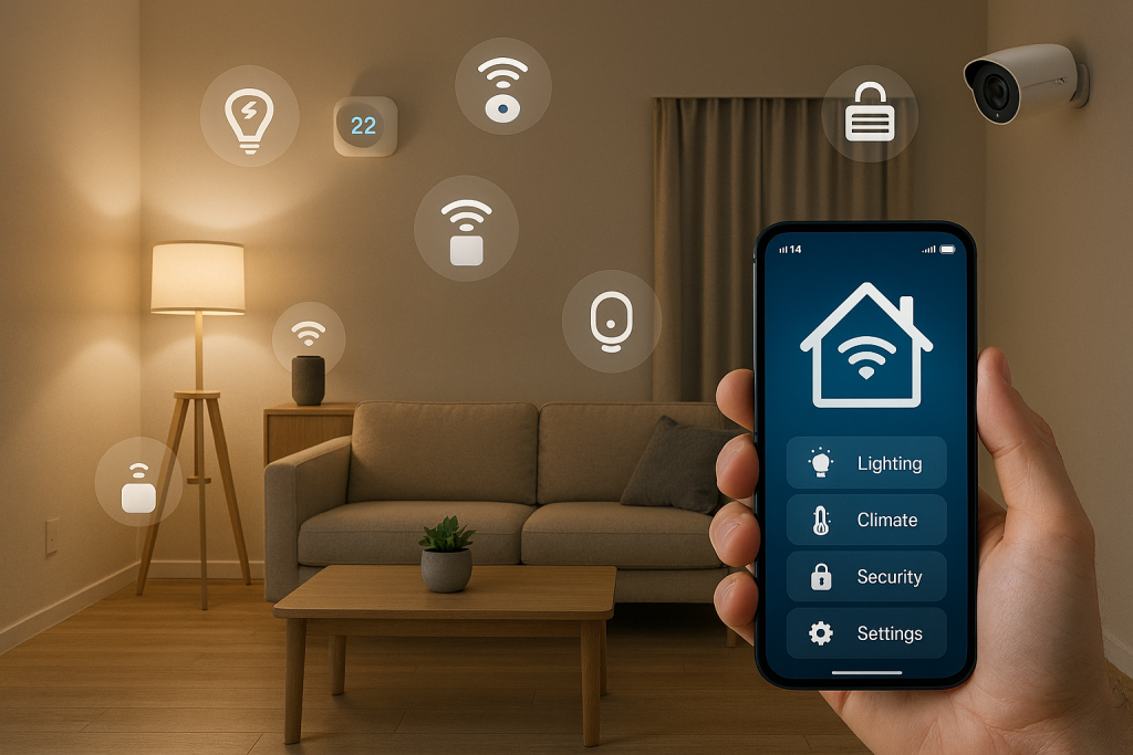 Modern smart home interior with connected devices like smart lights, thermostat, security camera, and automated curtains controlled through a smartphone app