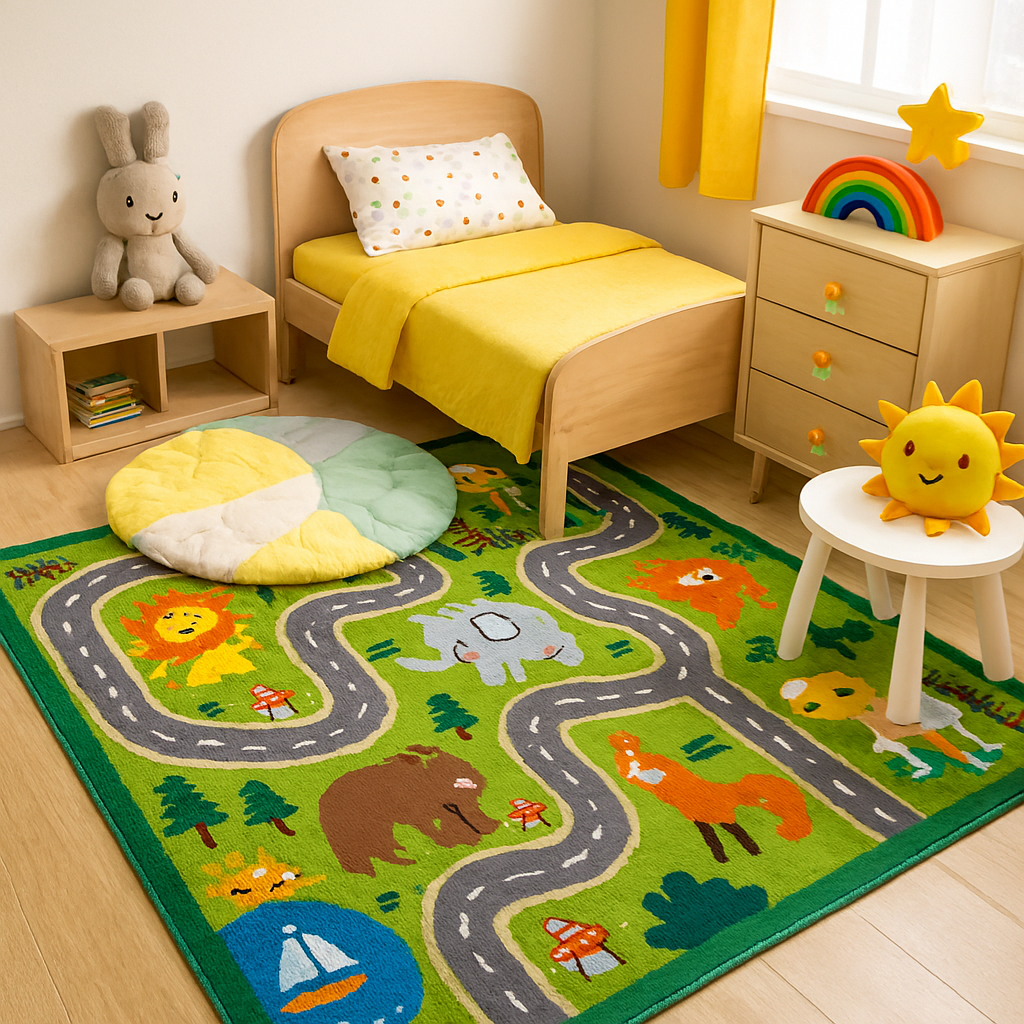 “Colorful children’s room rug with fun patterns like roads and animals making the floor comfortable and playful
