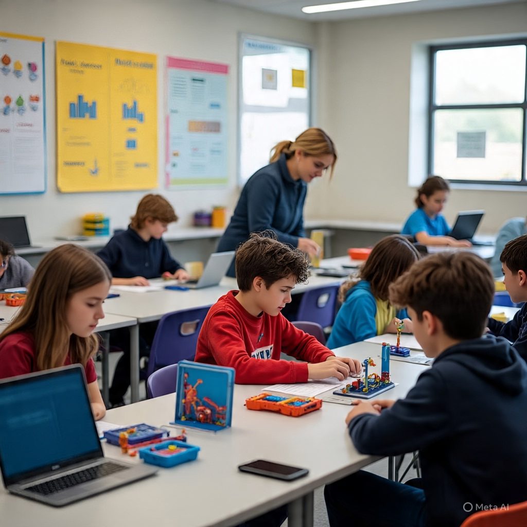 “Students learning coding and practical skills representing skill-based education for better future