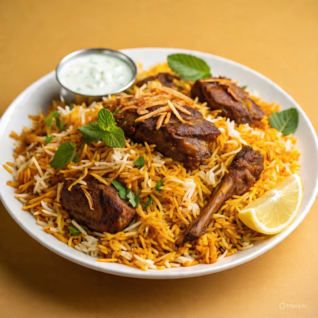 Plate of Hyderabadi biryani with saffron rice, tender meat, fried onions, and garnished with fresh herbs and lemon wedges, representing iconic Indian and Pakistani food recipes