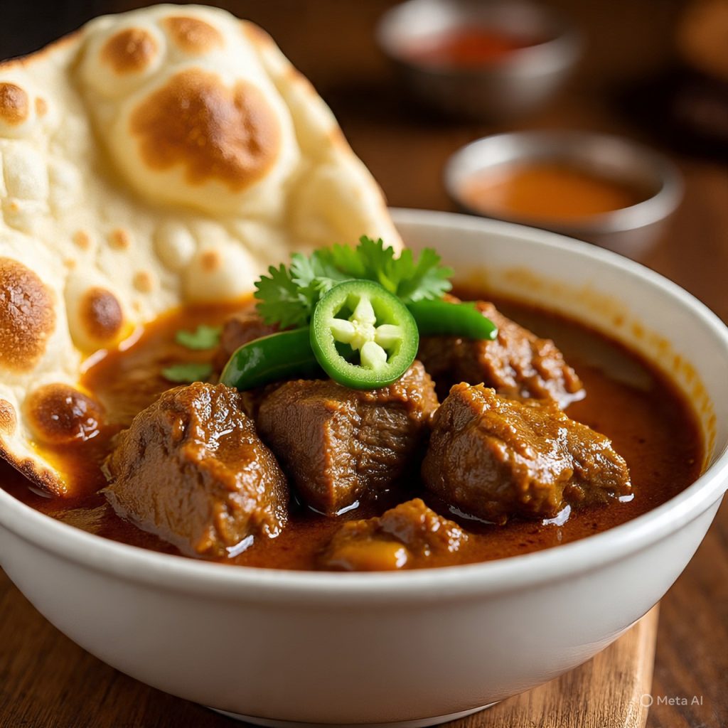 Steaming bowl of Pakistani nihari with tender beef, rich spiced gravy, garnished with coriander and green chilies, served with naan, showcasing a traditional comfort food recipe