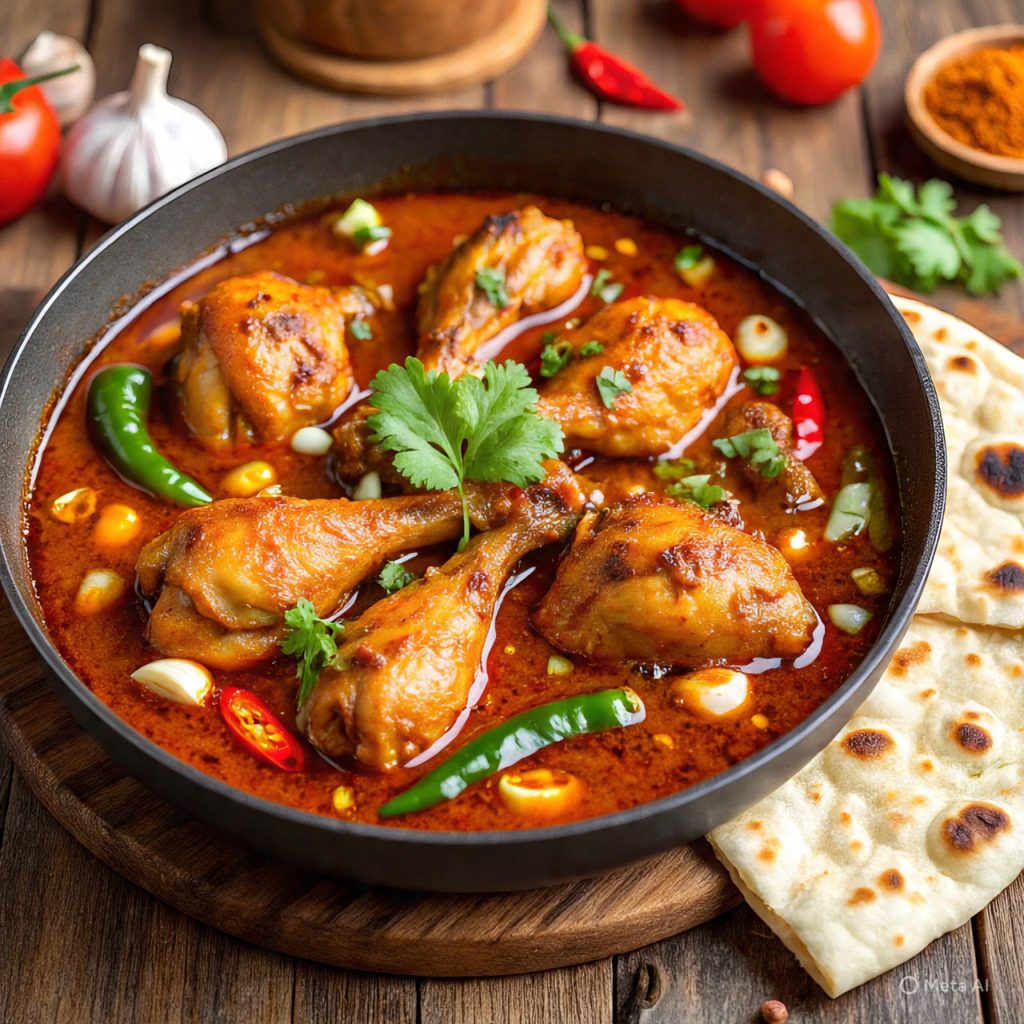 Chicken karahi cooked in a tomato-based sauce with garlic, ginger, and chilies, served in a traditional pan with naan, representing a classic Pakistani food recipe