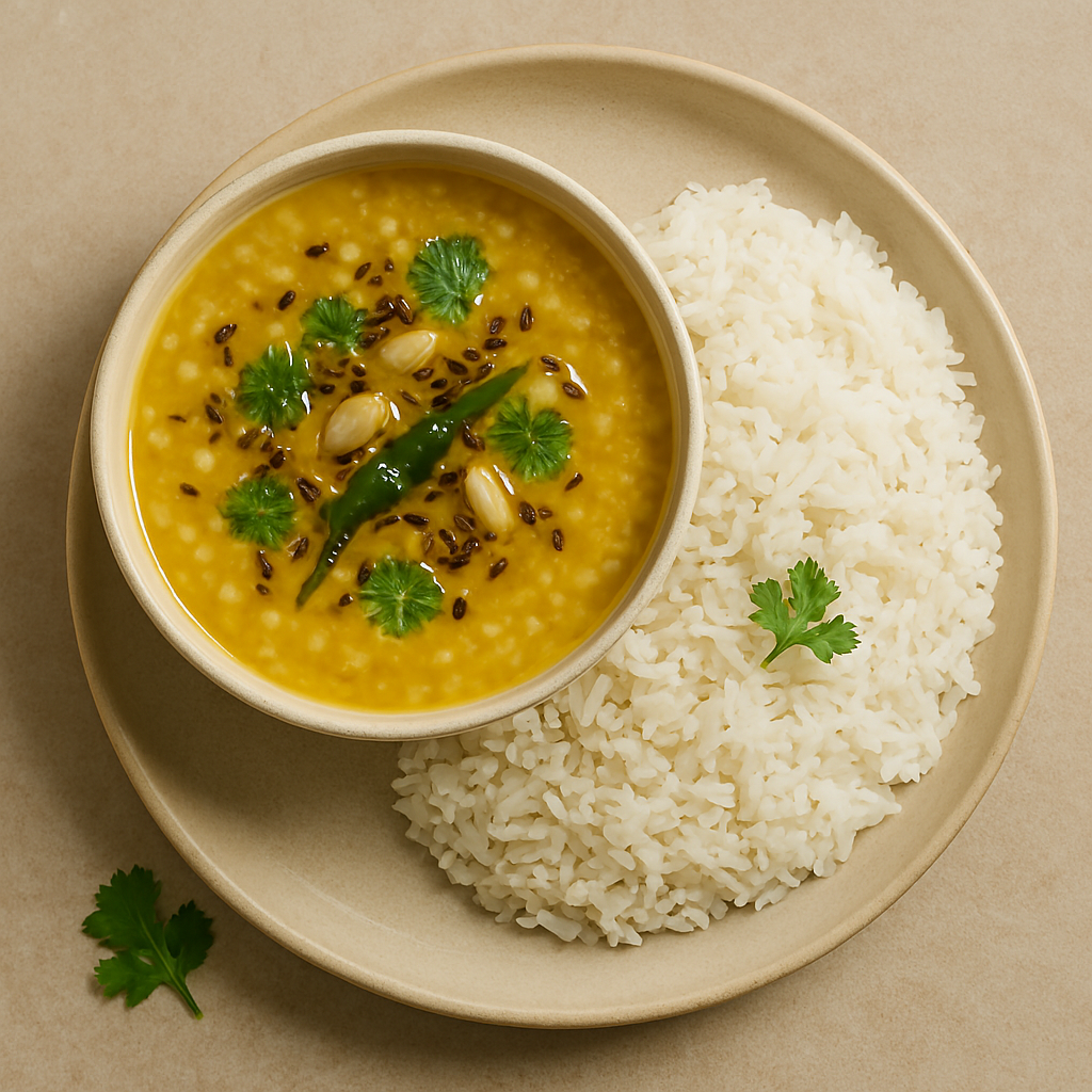 Bowl of daal tadka with ghee, garlic, and cumin seeds, garnished with coriander, served with rice, representing a simple and nutritious Indian and Pakistani food recipe