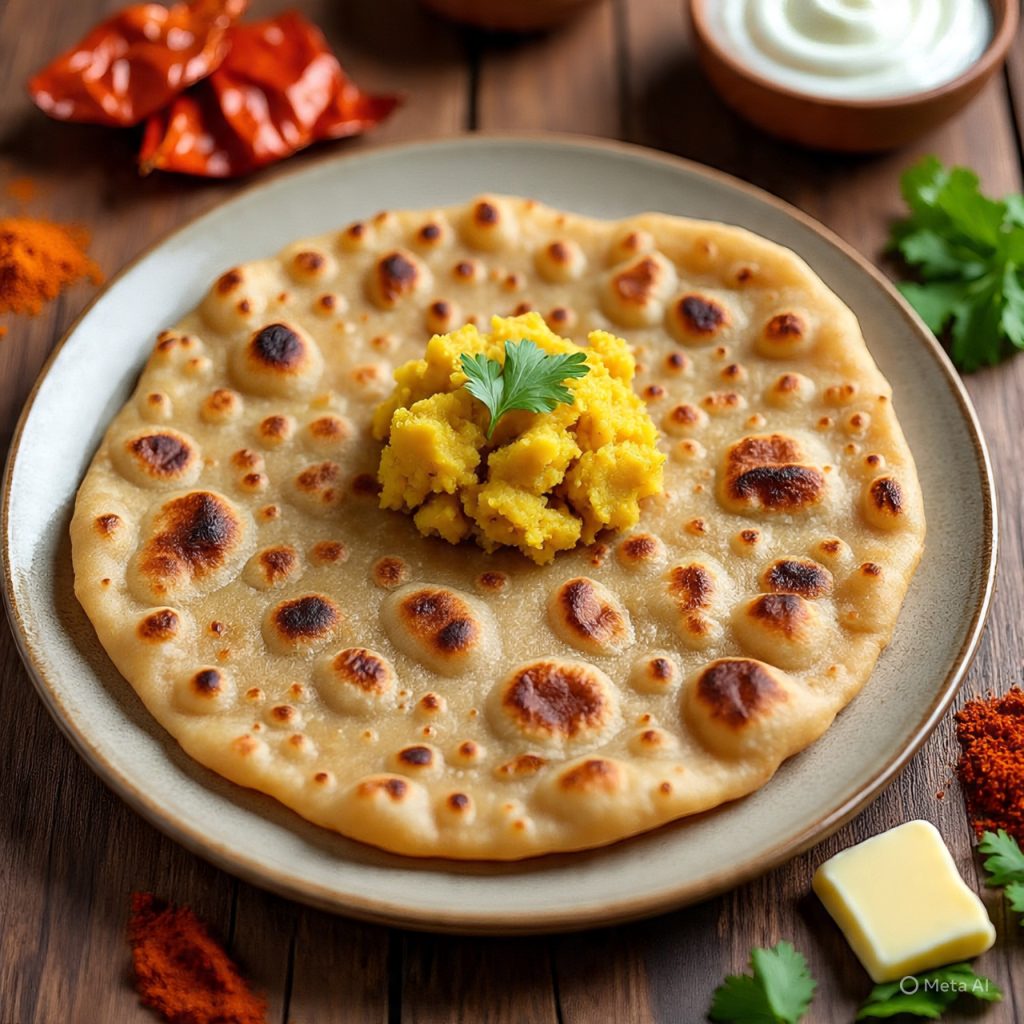 Crispy aloo paratha stuffed with spiced mashed potatoes, served with yogurt and pickles, a classic Indian and Pakistani breakfast dish