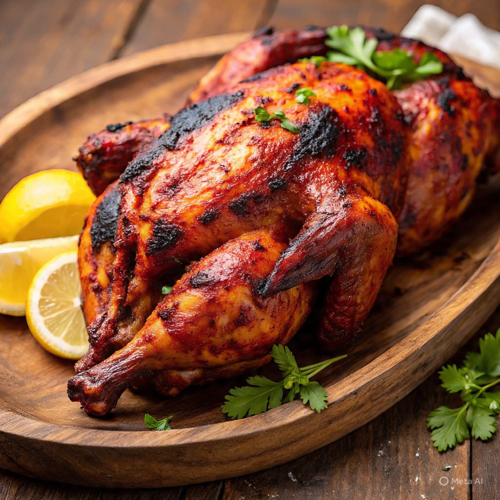 Juicy tandoori chicken with bright red marination and charred edges, garnished with lemon and coriander, representing a smoky and flavorful Indian and Pakistani dish