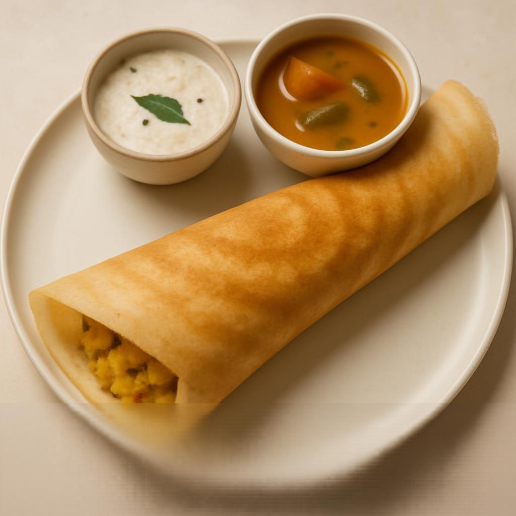 Crispy masala dosa stuffed with spicy potato filling, served with coconut chutney and sambar, representing a traditional South Indian breakfast favorite