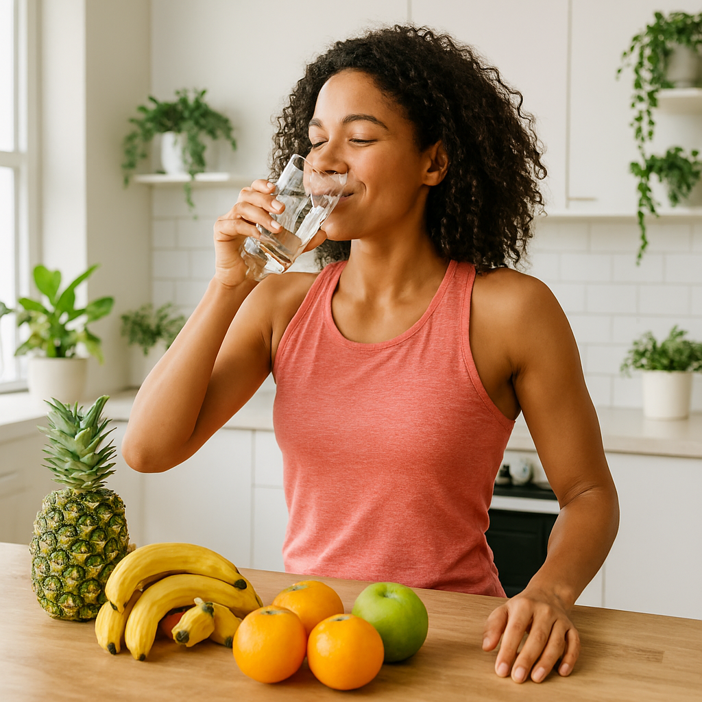 “Healthy-living hydration habits: person drinking water to boost energy, support brain function, digestion, and skin health