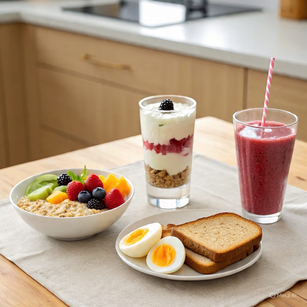 Balanced breakfast with oatmeal, fruits, eggs, and smoothie promoting healthy eating for a better lifestyle