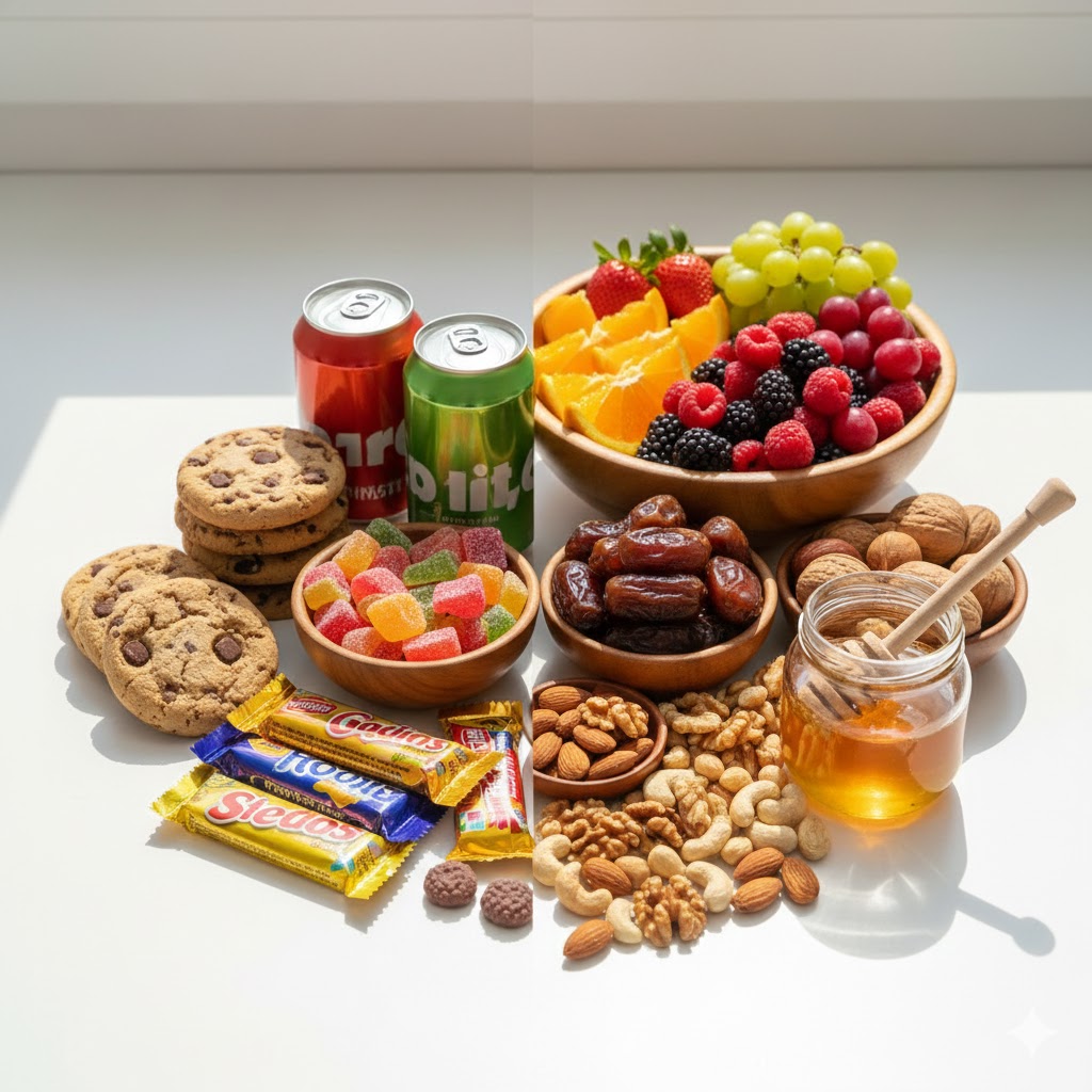 Fresh fruits and natural sweet alternatives replacing sugary snacks to support healthy eating for a better lifestyle