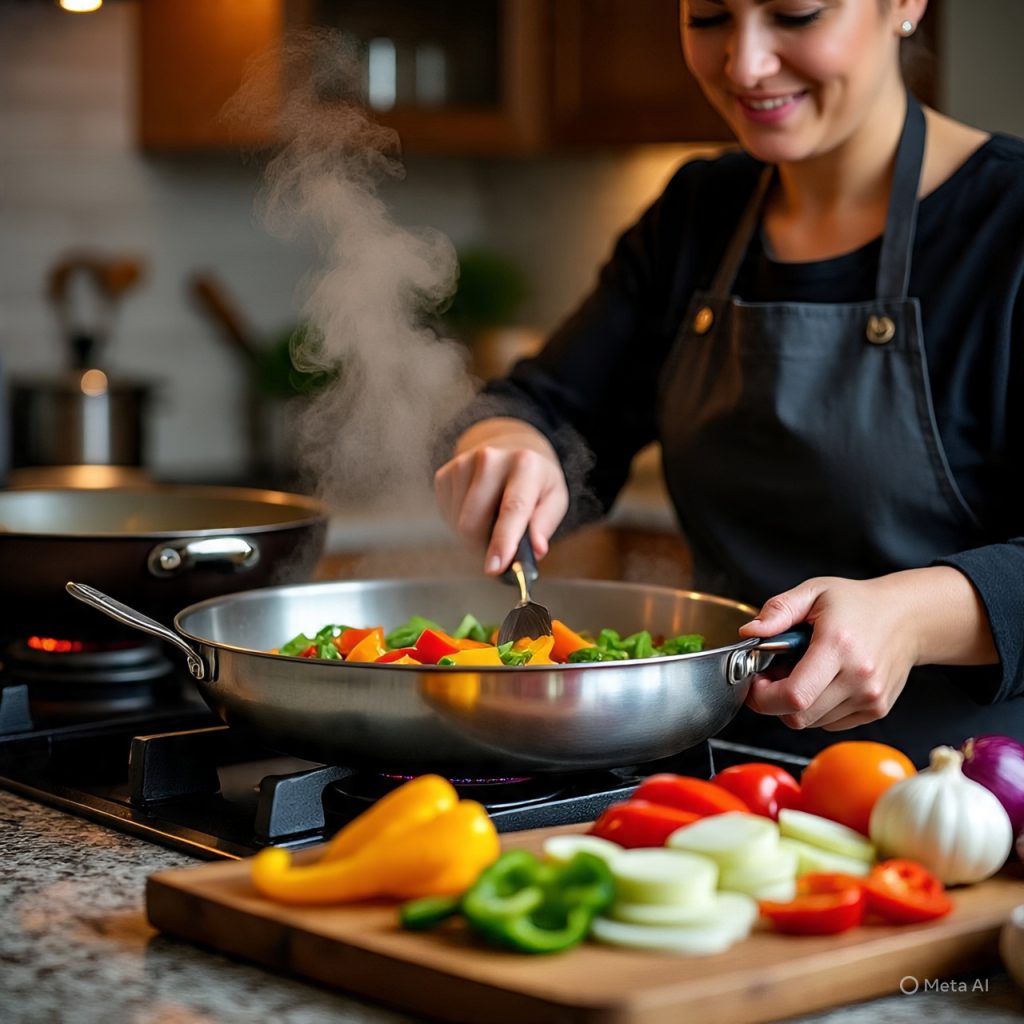 Home cook demonstrating essential cooking techniques such as sautéing, chopping vegetables, and controlling heat in a modern kitchen