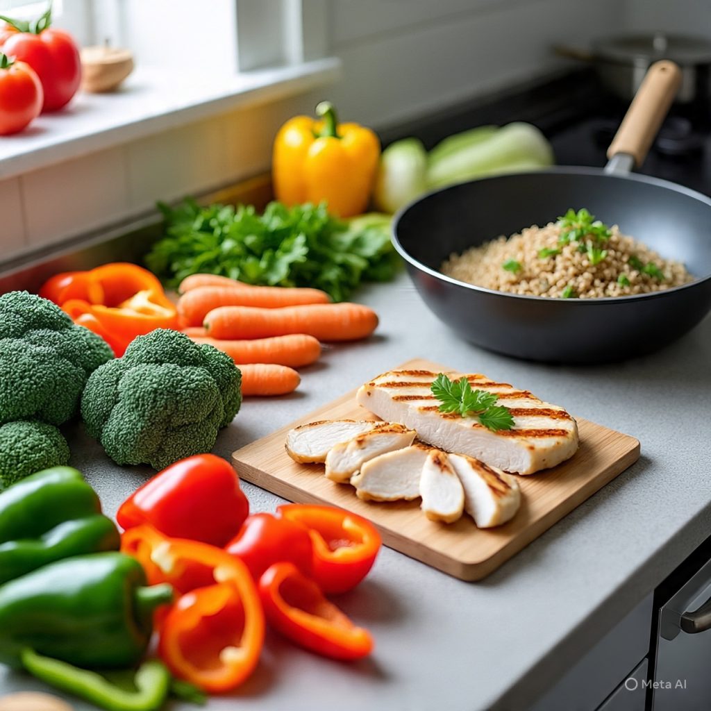 Healthy cooking setup with fresh vegetables, whole grains, and lean proteins prepared using steaming and stir-frying techniques