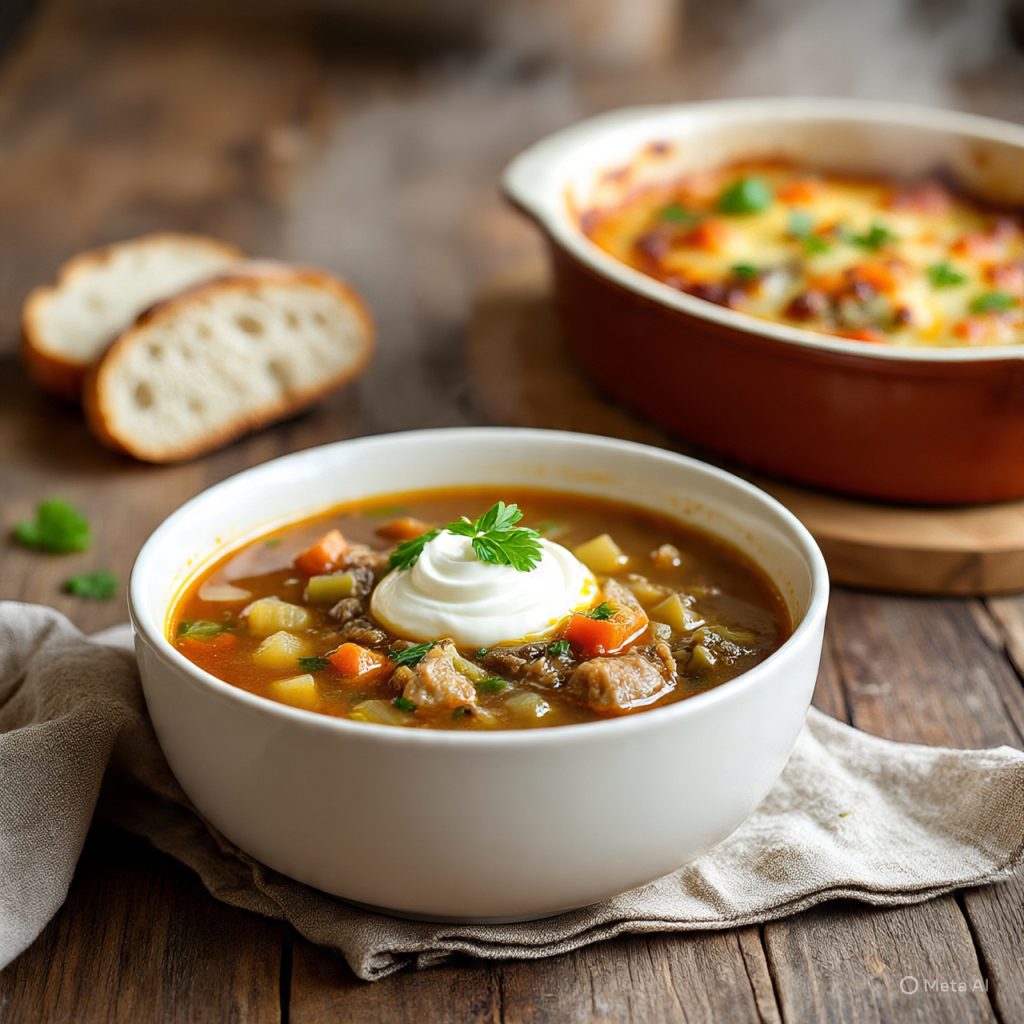 Comfort food dishes including warm soup and baked casserole creating a cozy and nostalgic dining atmosphere
