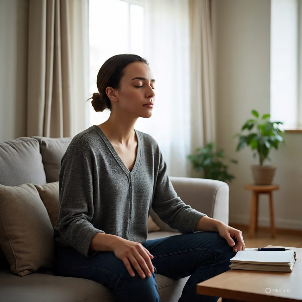 “Healthy-living stress management: individual practicing mindful breathing and journaling to improve mental clarity and calm the nervous system.”