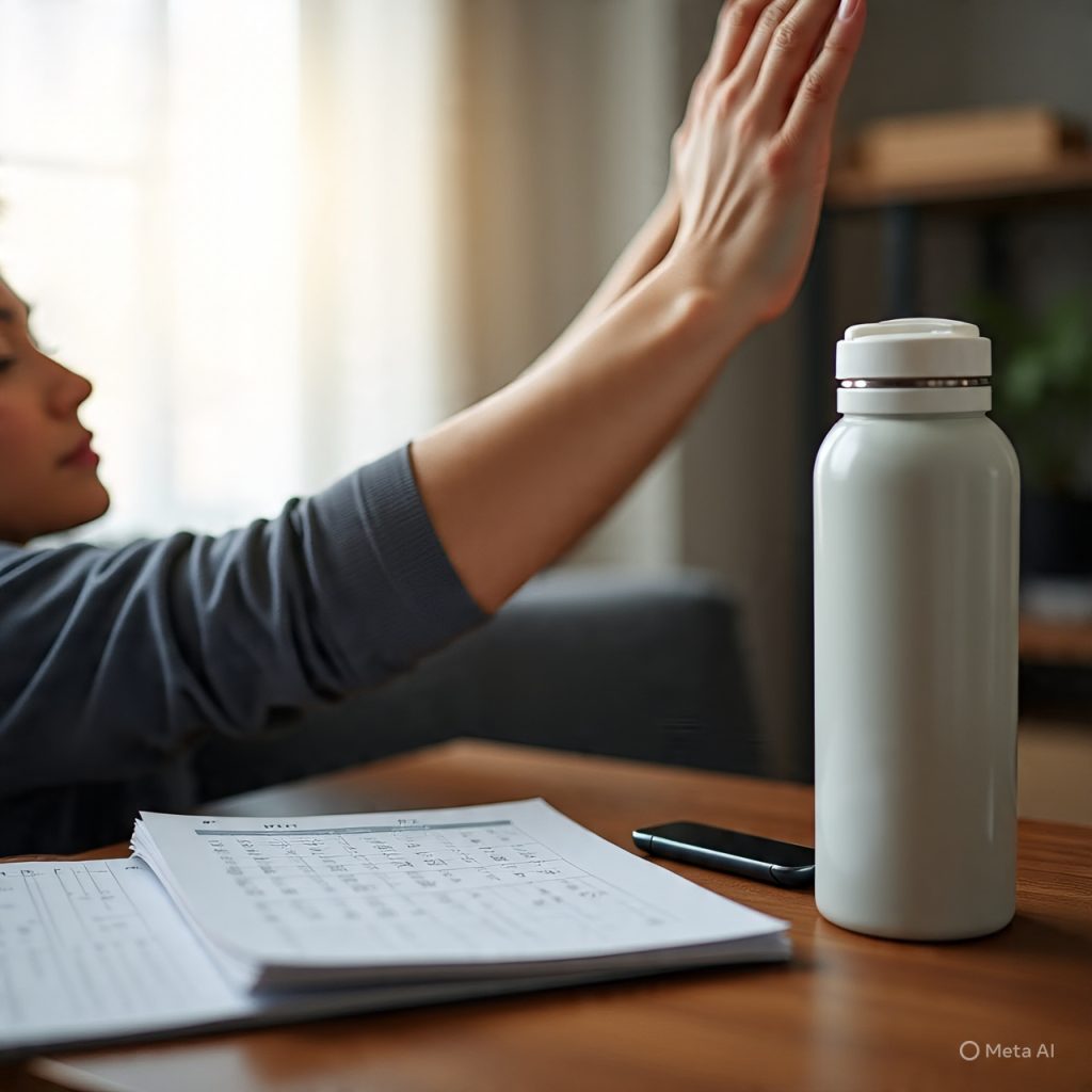 “Healthy-living micro-habits: person stretching and drinking water upon waking, building daily discipline for consistent lifestyle improvement.”