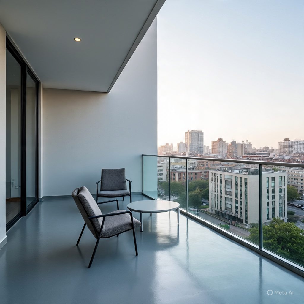 Modern apartment balcony with glass railing