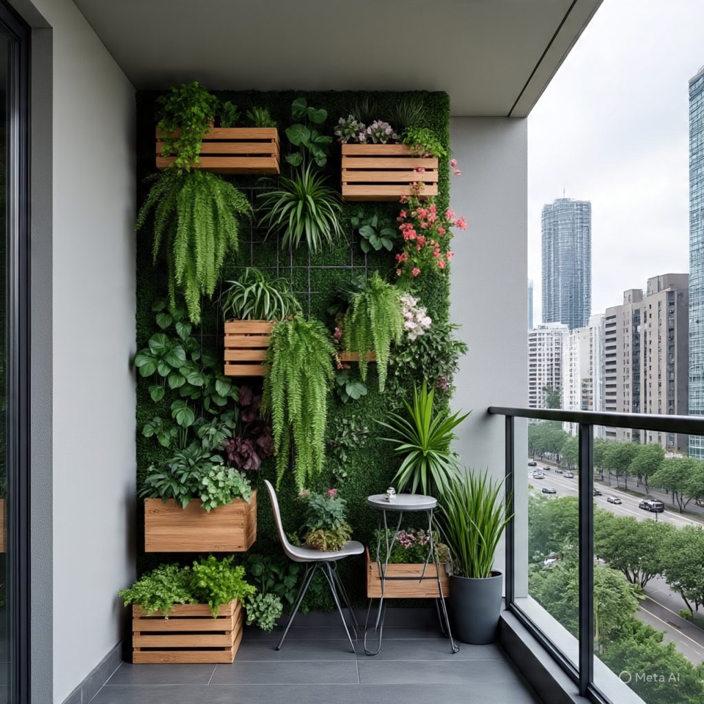 Compact balcony with vertical plant wall