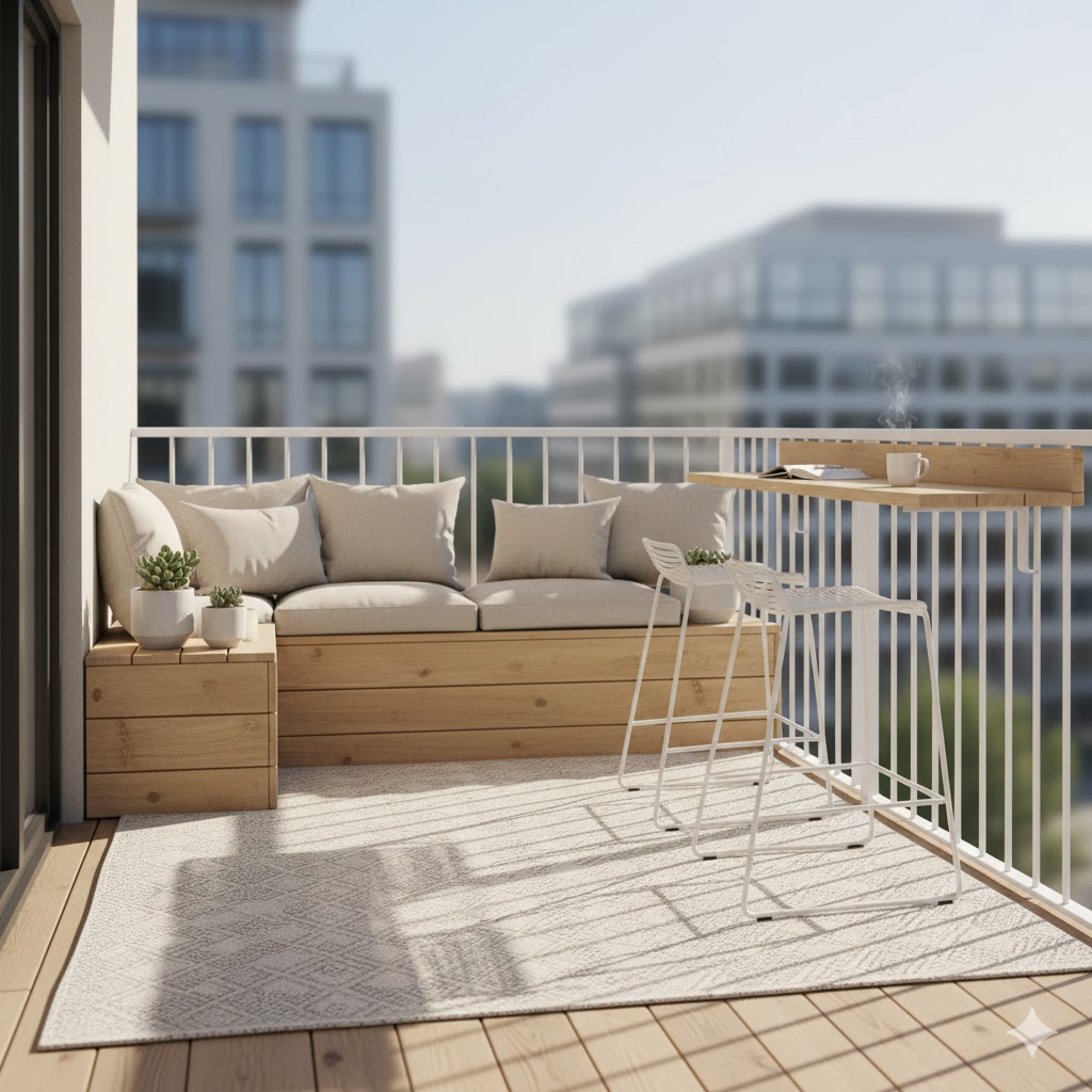 Soft lighting on compact balcony
