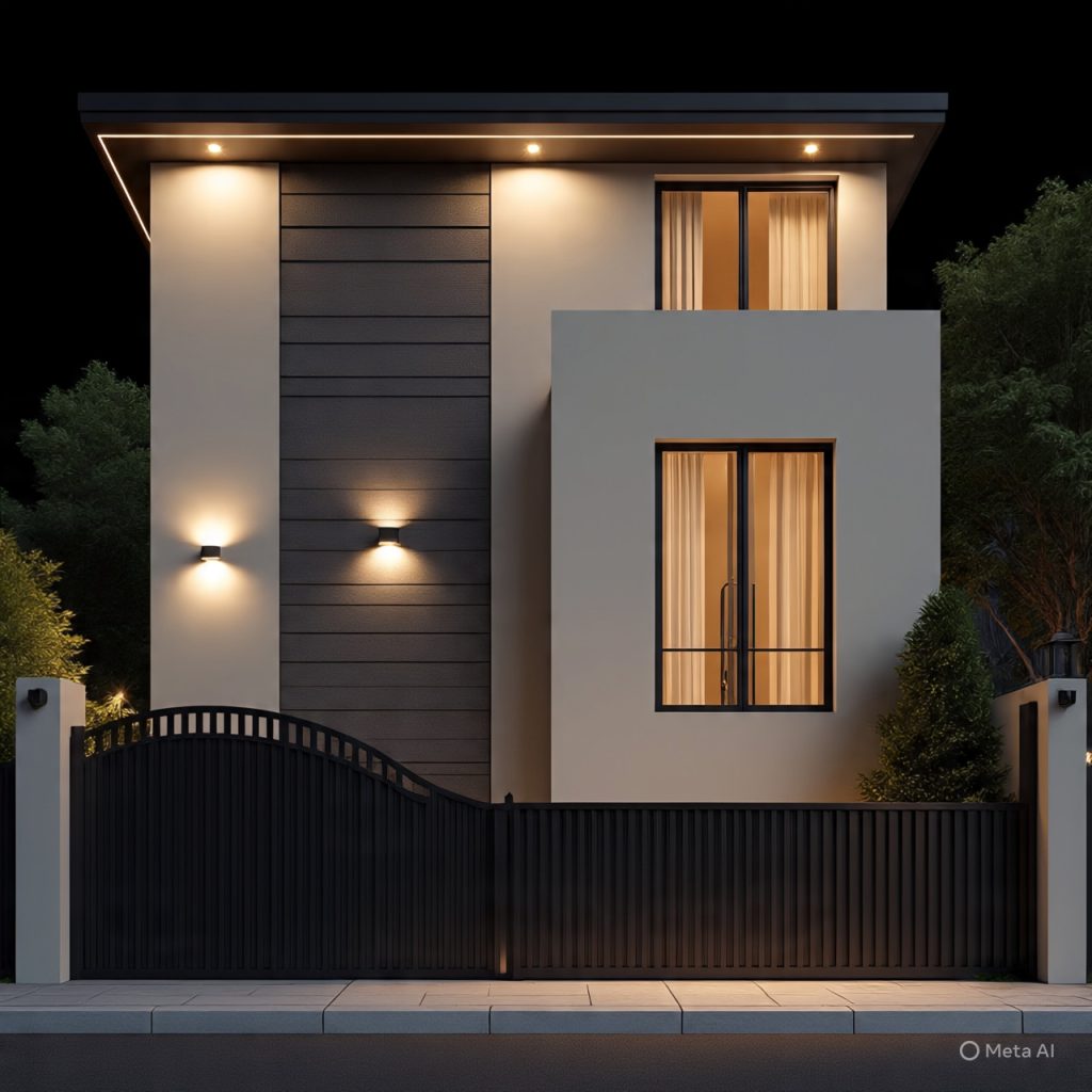 Two color house front in off-white and charcoal with warm lighting.