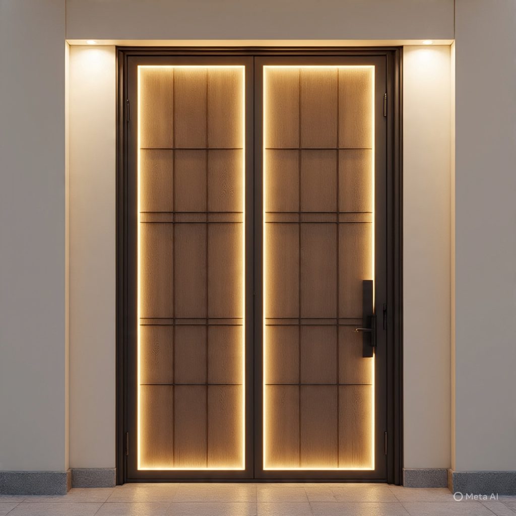 Two-color front elevation in warm beige and deep walnut with modern architectural design