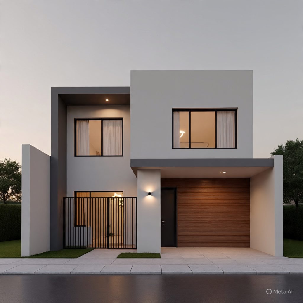 Front color combination improving visual balance in modern house elevation
