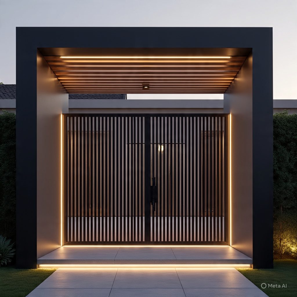 Modern luxury main gate design with clean lines and premium metal finish for front elevation