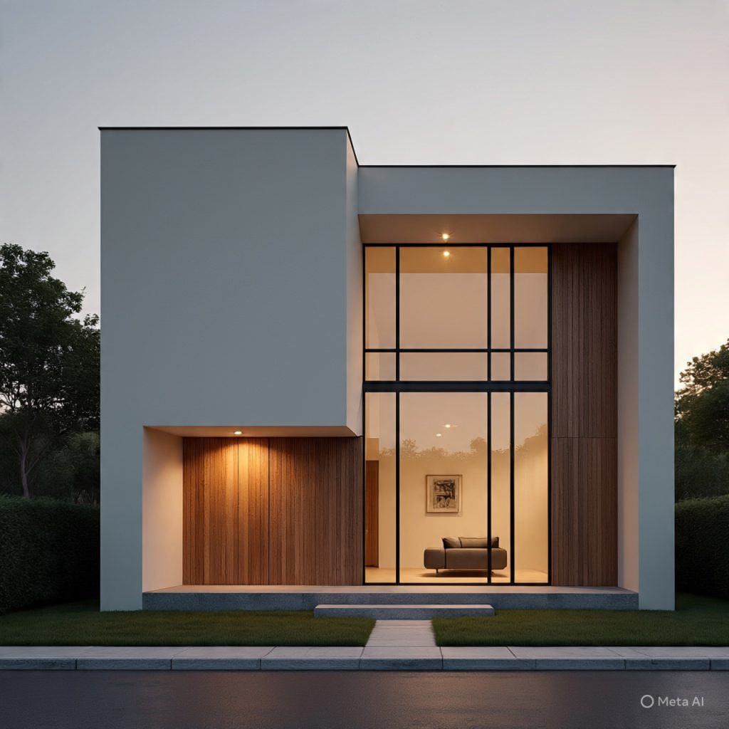 Minimalist front elevation designs featuring large glass windows and clean architectural lines