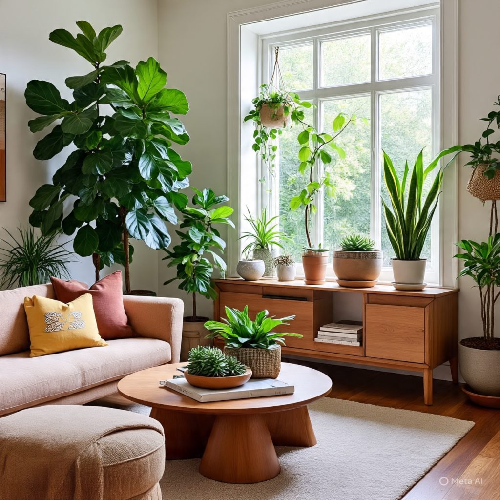 Nature-inspired living room with indoor plants