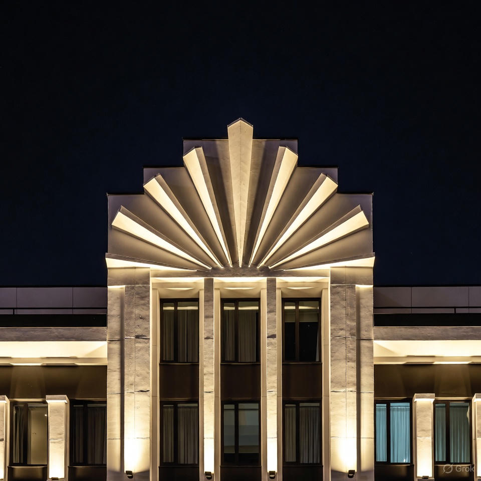 Modern elevation design with carefully placed glass panels and external shading for glare control