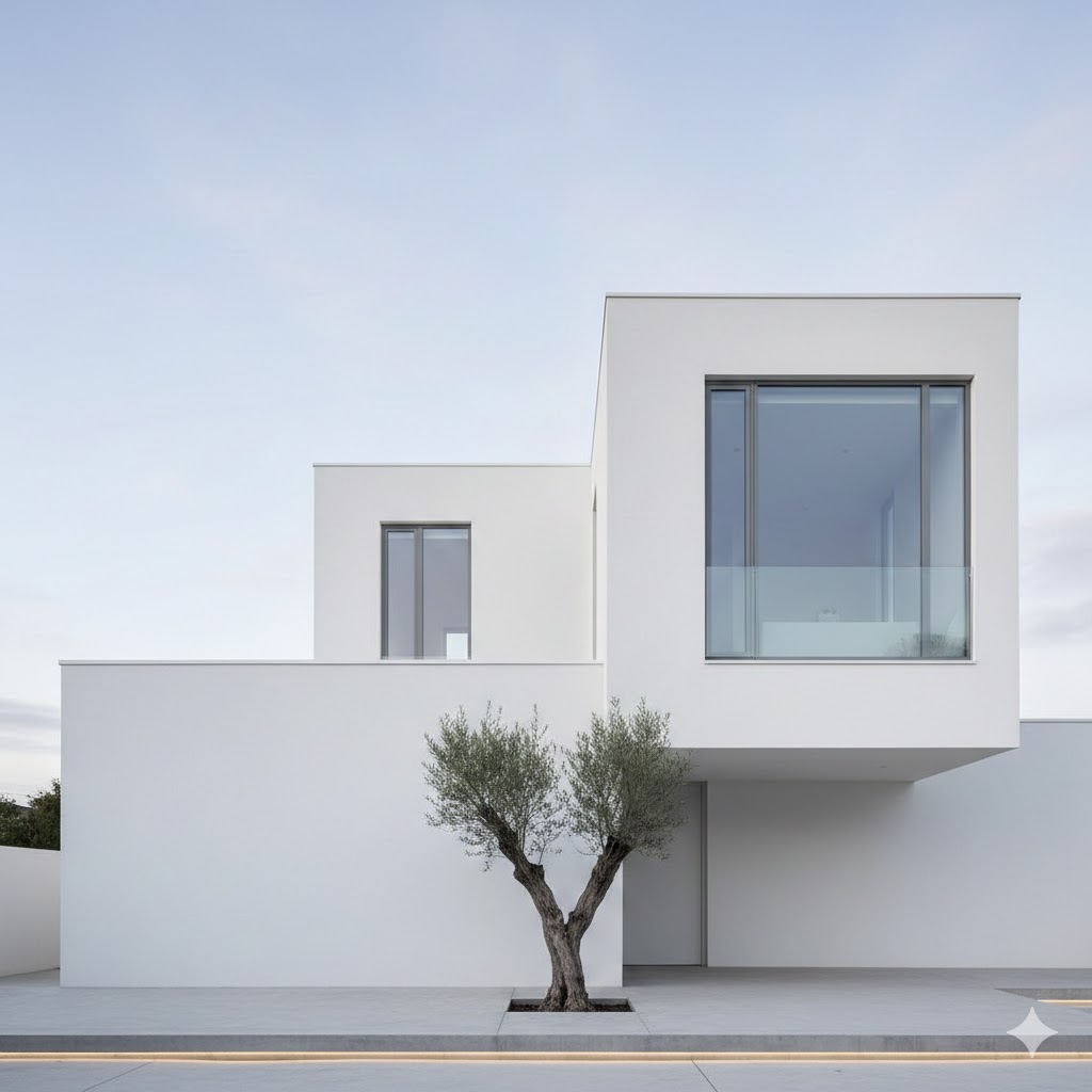 Geometric modern house exterior in light tones