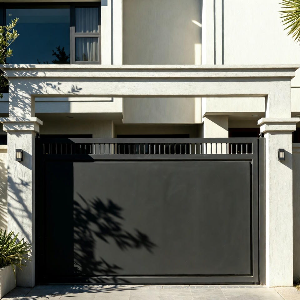 Modern automated main gate with clean design enhancing the overall house exterior