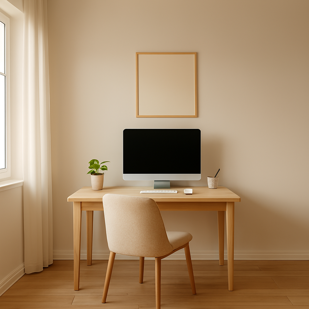 Modern home office setup with a compact desk near a window, soft neutral colors, ergonomic chair, and natural light creating a calm and productive study environment