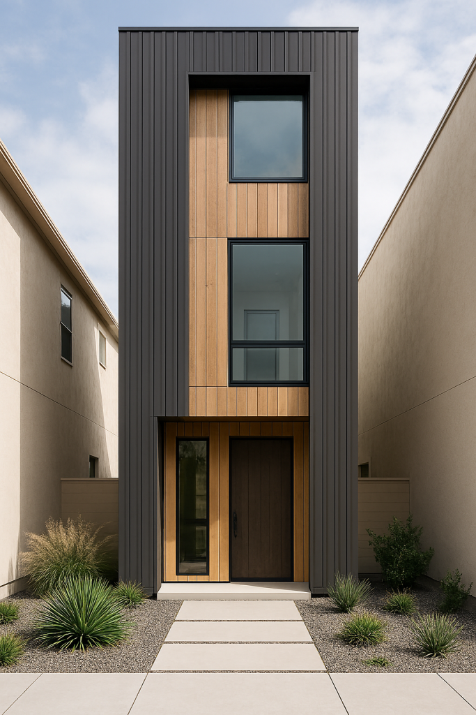 Narrow luxury front elevation with modern materials