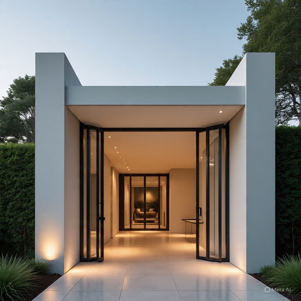 Designer front gate with geometric patterns and luxury lighting for modern homes
