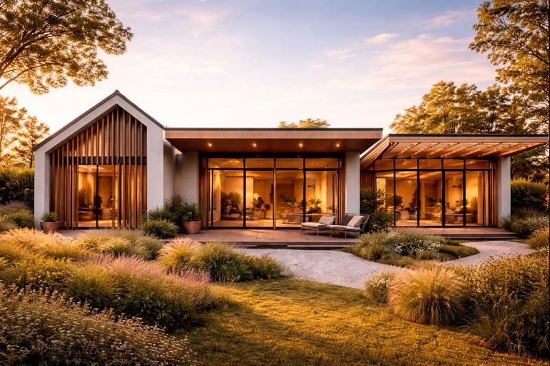 Contemporary front elevation featuring glass elements positioned for privacy and thermal comfort