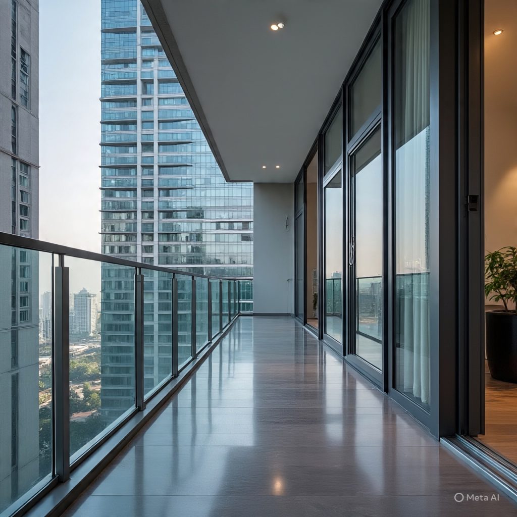 Glass railings in modern balcony 