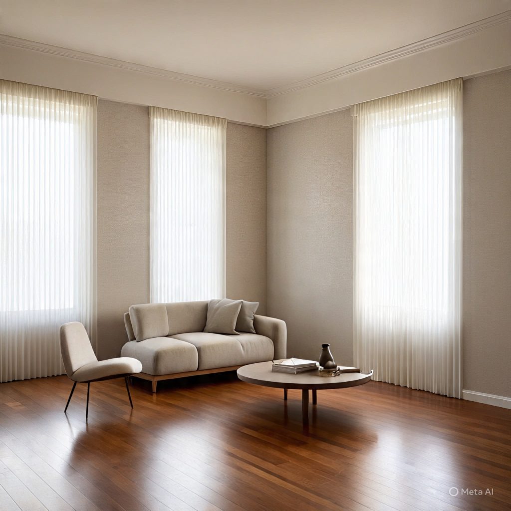 Timeless luxury minimalist living room with neutral tones, balanced layout, and high-quality materials creating a calm and enduring design