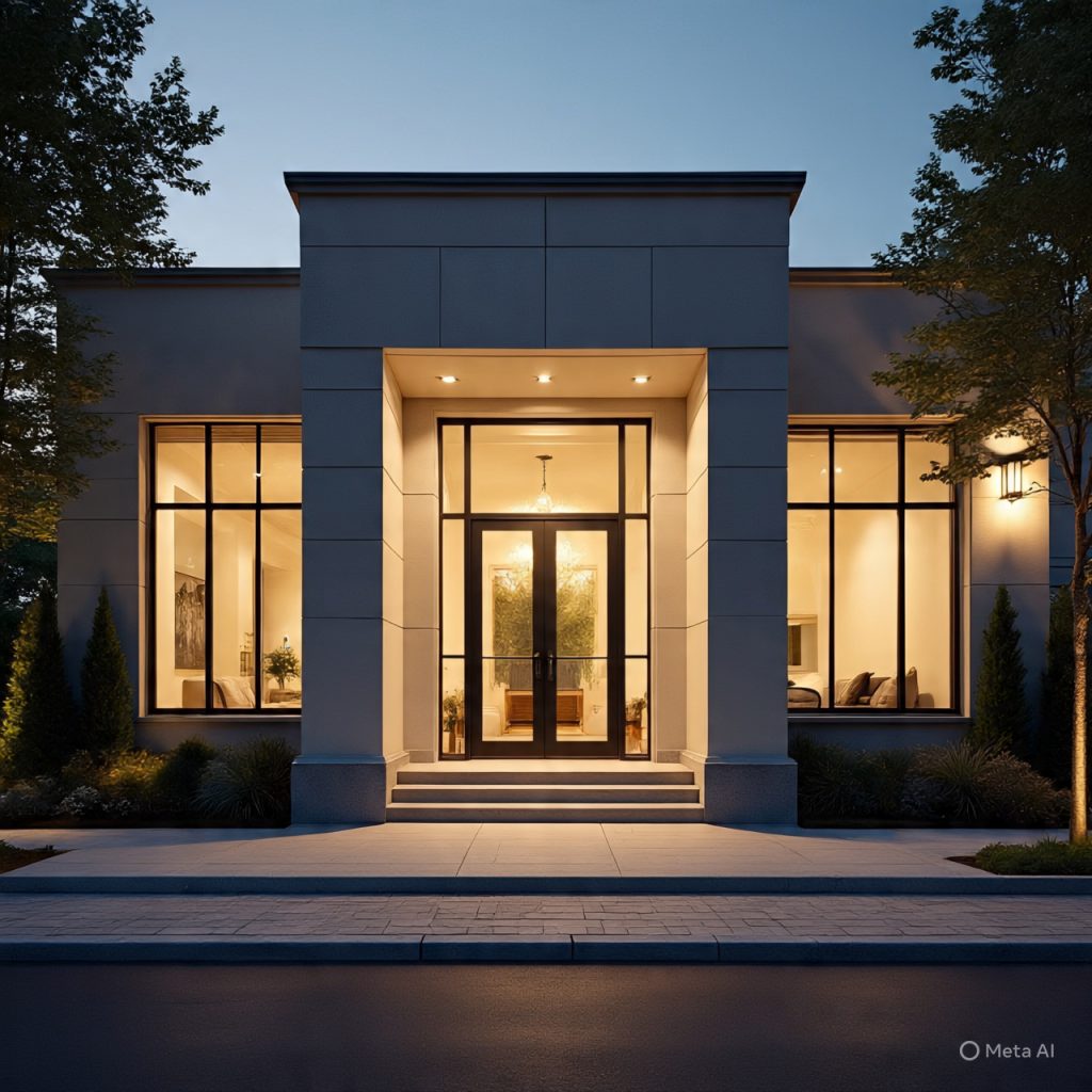 Night view of luxury small-front elevation with warm lights