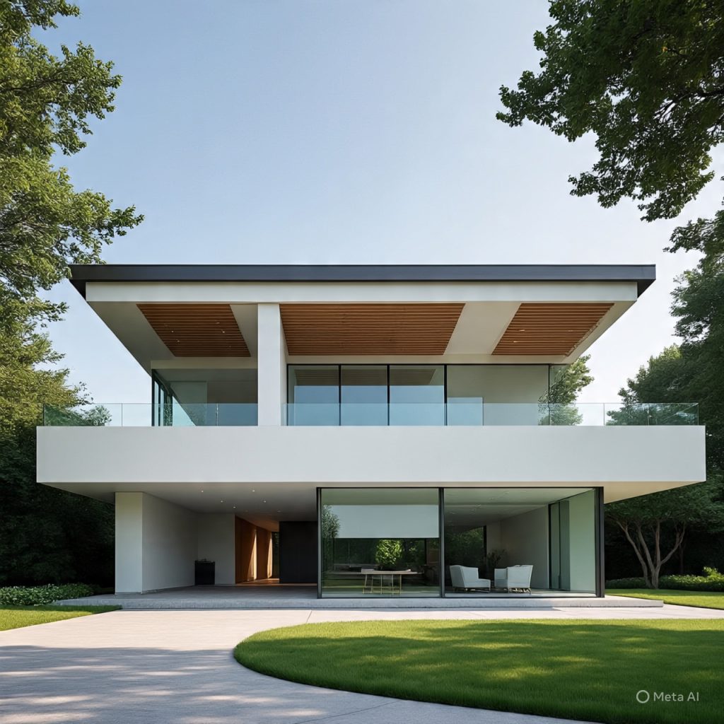 Front elevation with large glass panels and protective shading elements