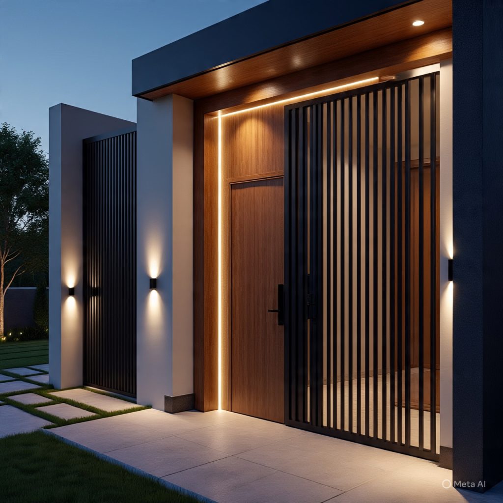 Elegant house main gate with wooden panels and soft LED lighting enhancing front elevation