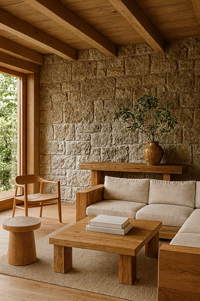 Interior design featuring natural wood and stone