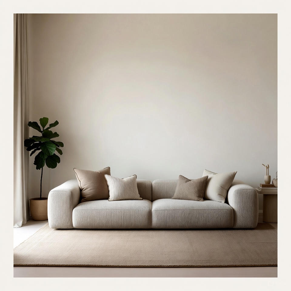 Neutral sofa in a minimalist luxury living room