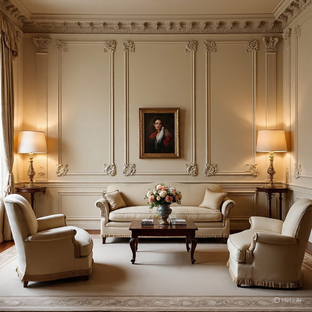 Formal drawing room in soft neutral tones