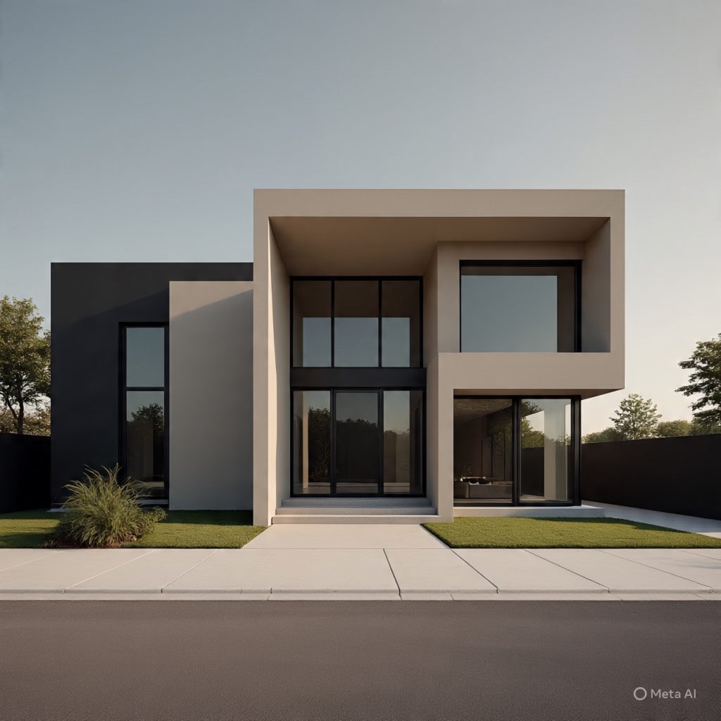Minimalist home façade with neutral and earthy color palettes in white, beige, grey, and charcoal tones