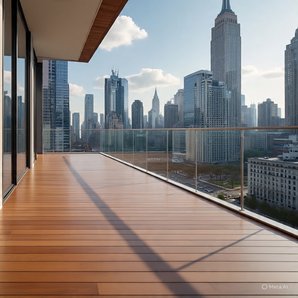 Contemporary balcony with wooden flooring