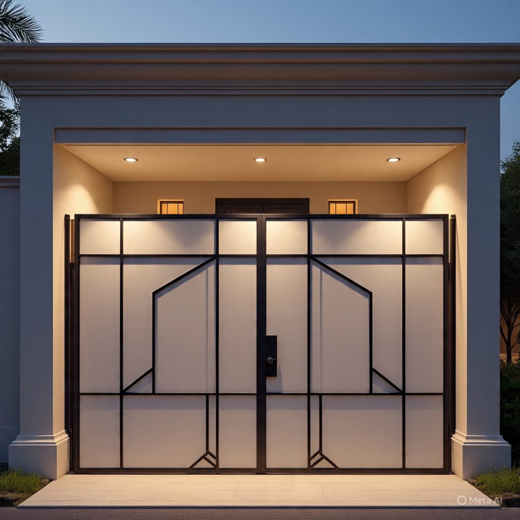 Contemporary front elevation gate with minimalist geometry and matte black texture